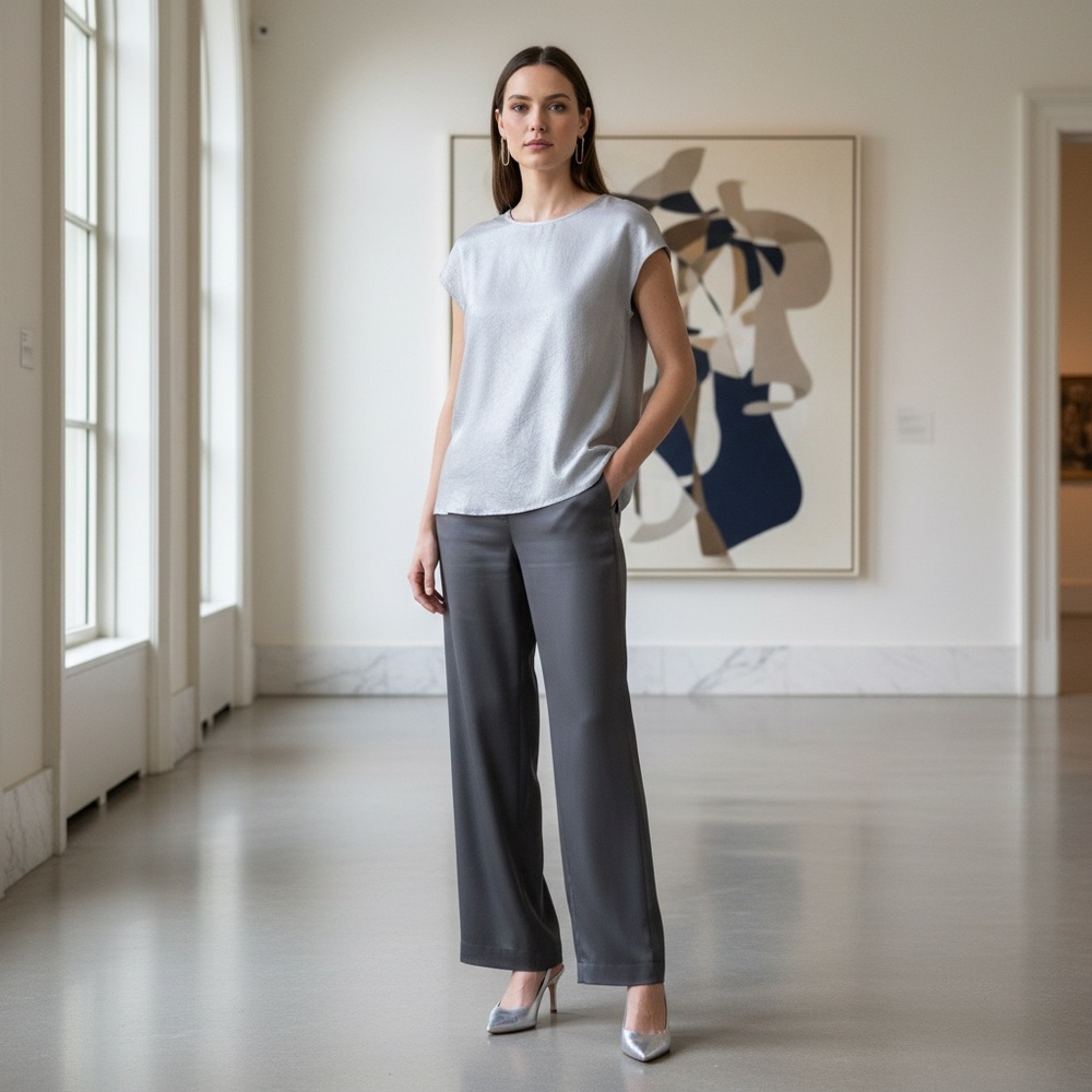 Silver Satin top, Elevate your style business chick, elegant or casual - Picture 3 of 5